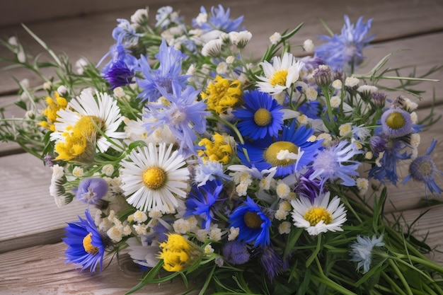 Bouquet of fresh and fragrant cornflowers chamomiles