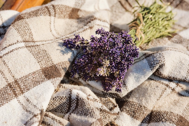 Bouquet of fresh lavender on a checkered bedspread