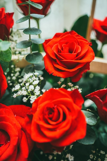 Bouquet of fresh red roses flower bright background