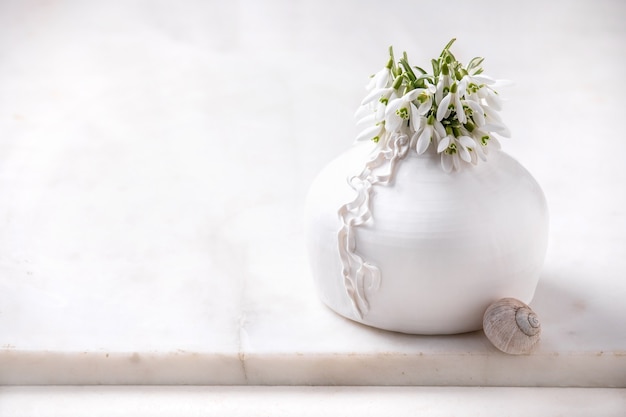 Bouquet of fresh snowdrops spring flowers in white porcelain vase with snail shell on white marble table. Spring time composition