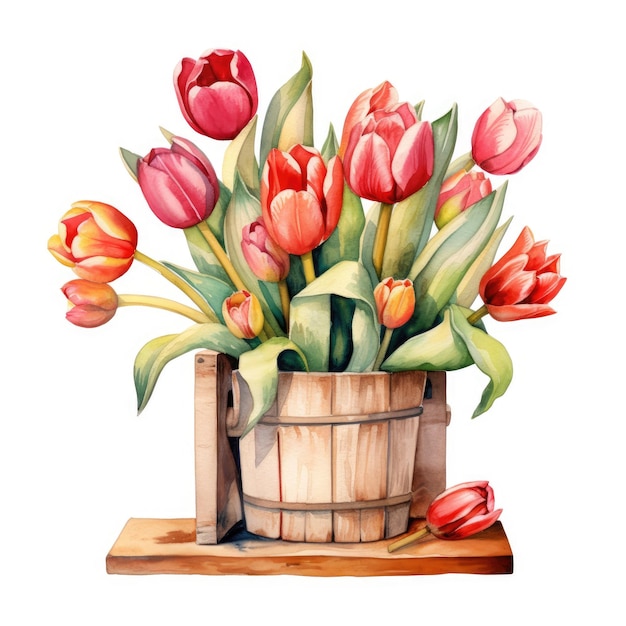 Bouquet of fresh tulips in a wooden bucket