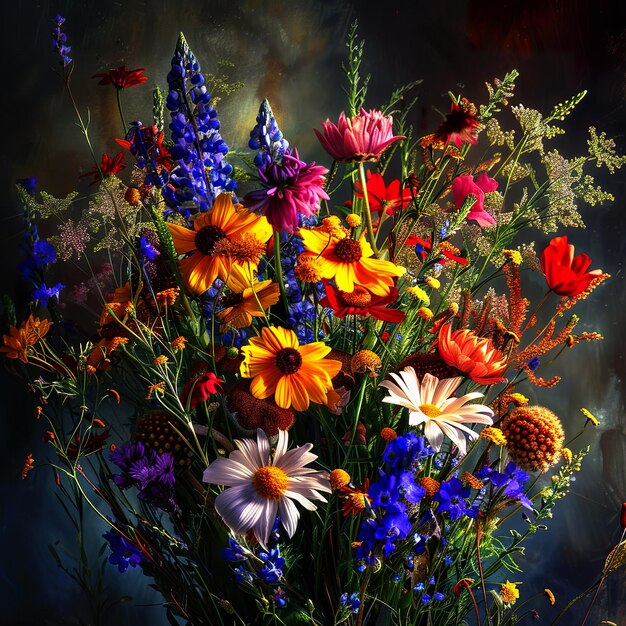 Bouquet Fresh Wild Flowers Basket Colorful bouquet of fresh wildflowers vibrant