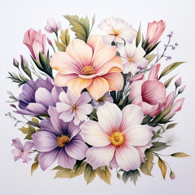 Bouquet of gorgeous colorful flowers on a white background Watercolor Generative AI