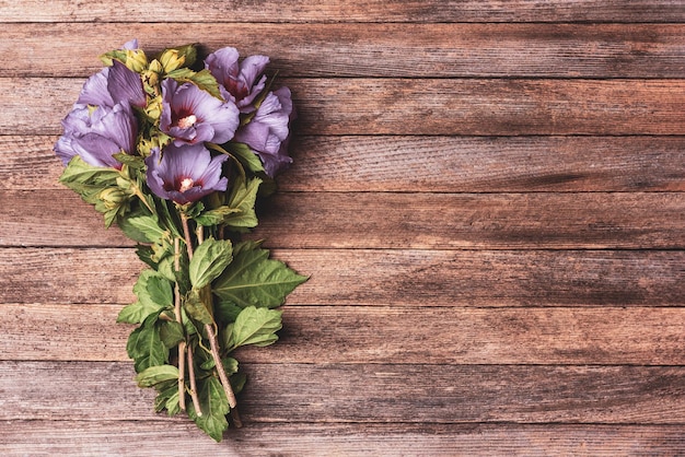 Bouquet of hibiscus flowers on wooden retro background with copy space