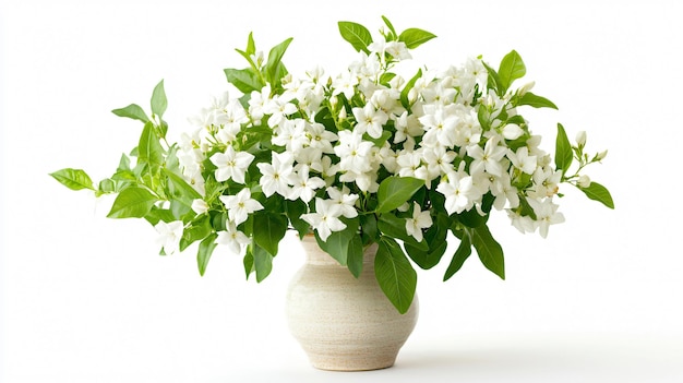 Bouquet of Jasmine Flowers in Vase Isolated on White Background