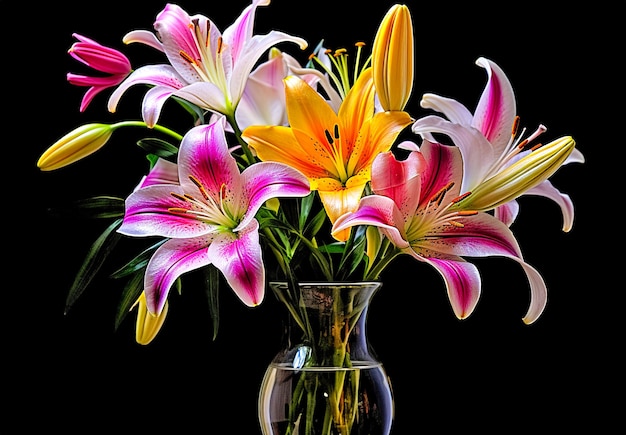 Bouquet of lilies in a vase on a dark background