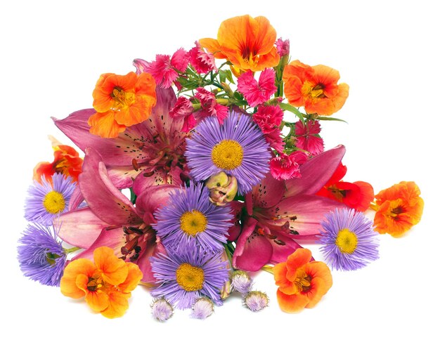 Bouquet of lily flowers, nasturtiums, lilies and carnations isolated on white background