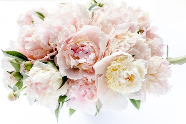 Bouquet of a lot of peonies of pink color close up Flat lay top view Peony flower texture