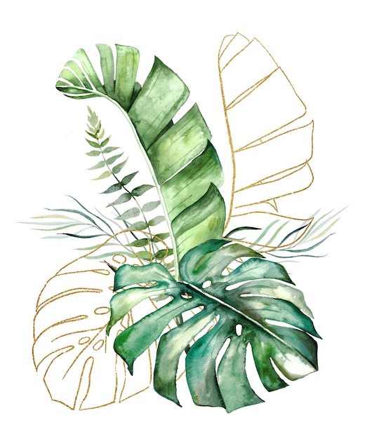 Bouquet made of Green and Golden tropical watercolor leaves isolated wedding illustration