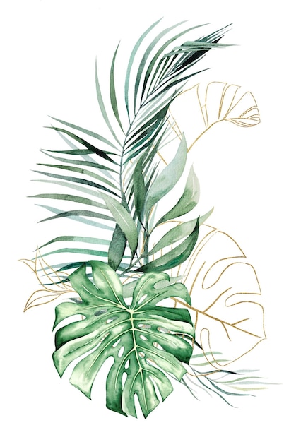 Bouquet made of Green and Golden tropical watercolor leaves isolated wedding illustration