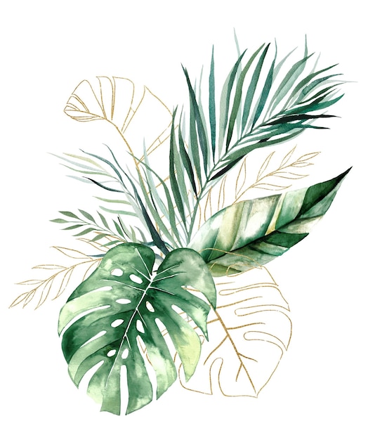 Bouquet made of Green and Golden tropical watercolor leaves isolated wedding illustration