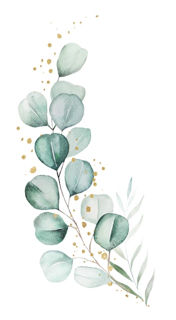 Bouquet made of green and golden watercolor eucalyptus leaves wedding illustration