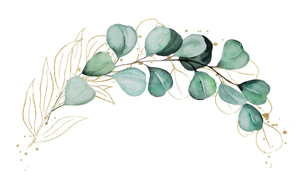 Bouquet made of green and golden watercolor eucalyptus leaves wedding illustration