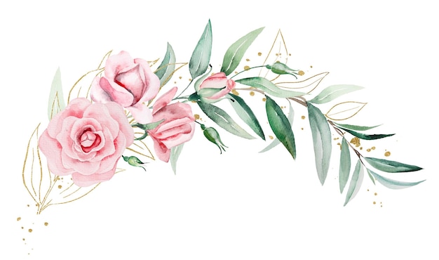 Bouquet made of pink watercolor flowers and green leaves wedding and greeting illustration