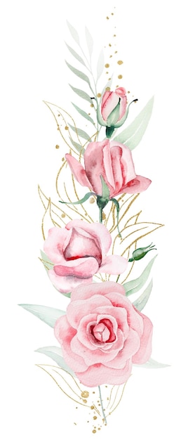 Bouquet made of pink watercolor flowers and green leaves wedding and greeting illustration