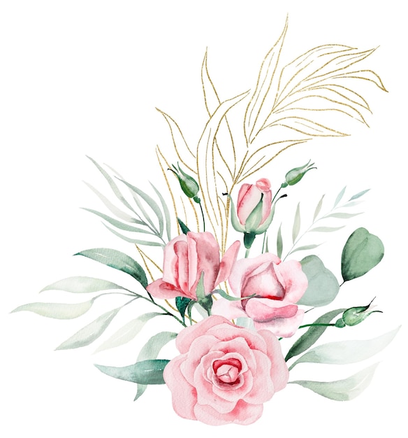 Bouquet made of pink watercolor flowers and green leaves wedding and greeting illustration