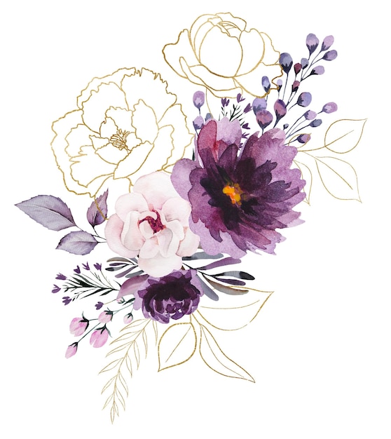 Bouquet made of Watercolor Purple and golden peonies flowers and leaves illustration