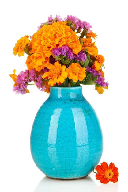 Bouquet of marigold flowers in vase isolated on white