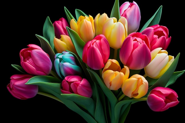 Bouquet of multicolored tulips on a black background