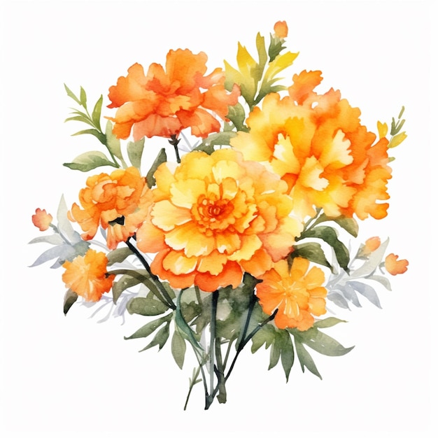 A bouquet of orange flowers with green leaves