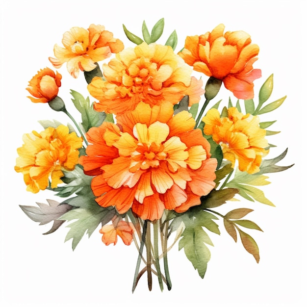 A bouquet of orange flowers with leaves on the bottom.