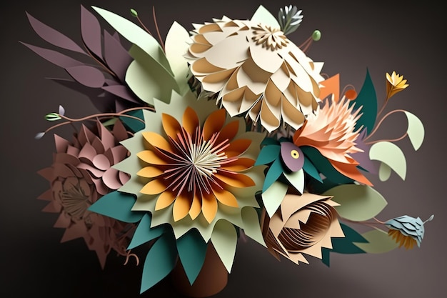 Bouquet of origami flowers made from colored paper Generative AI