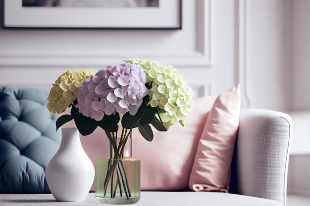 Bouquet of pastel hydrangeas in a vase Illustration Generative AI