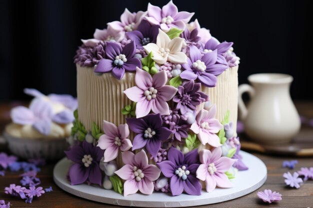 Bouquet pastries white cake with purple flowers