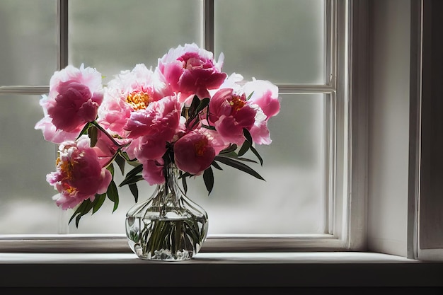 Bouquet of peonies in a glass vase on the window