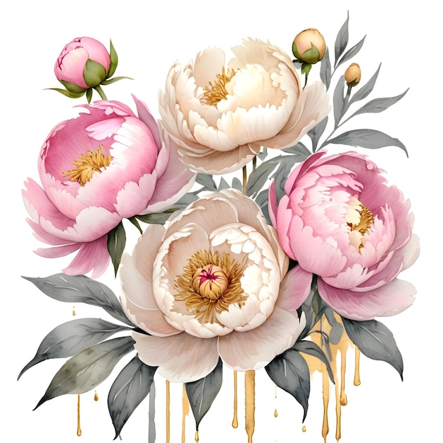 Bouquet of peonies watercolor with gold accents isolated on white background