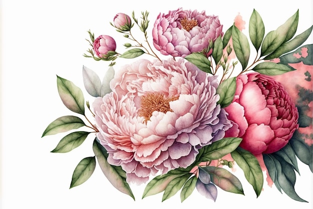 A bouquet of peonies with leaves and flowers.