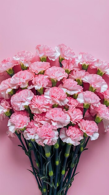 Bouquet of pink carnations lie sideways on a pink background view from above