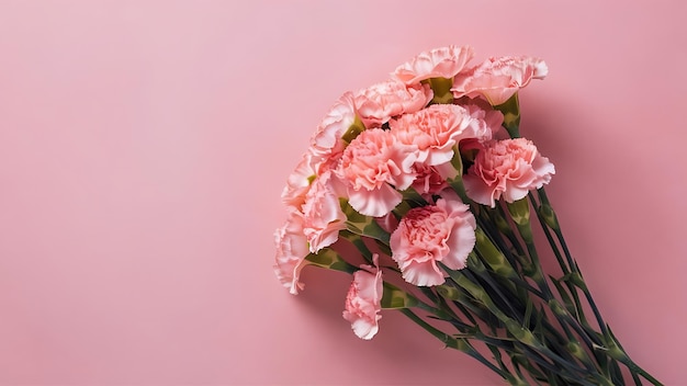 Bouquet of pink carnations lie sideways on a pink background view from above