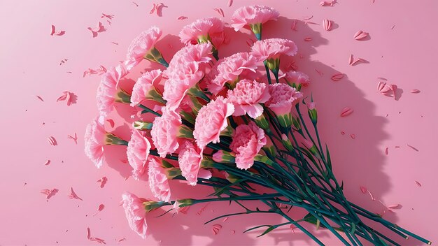 Bouquet of pink carnations lie sideways on a pink background view from above