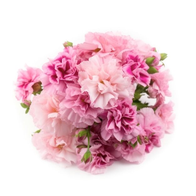 A bouquet of pink carnations with green leaves on a white background