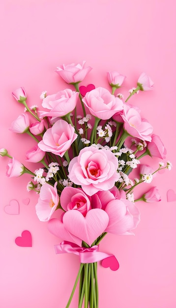 Photo bouquet of pink flovers and hearts on pink background mothers day valentines day birthday