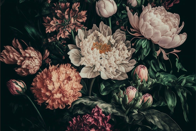 Bouquet of pink peonies dark background Created with Generative AI technology