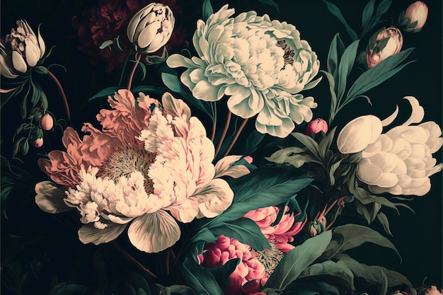 Bouquet of pink peonies dark background Created with Generative AI technology