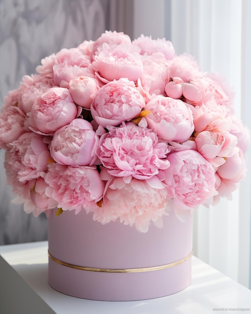 Bouquet of pink peonies and gift box