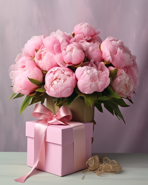 Bouquet of pink peonies and gift box