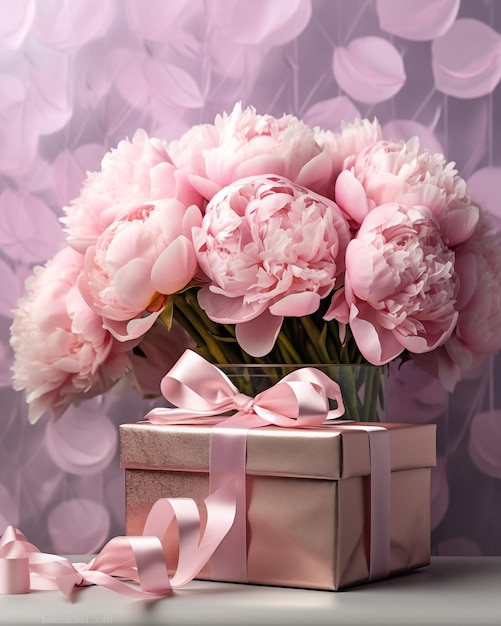 Bouquet of pink peonies and gift box