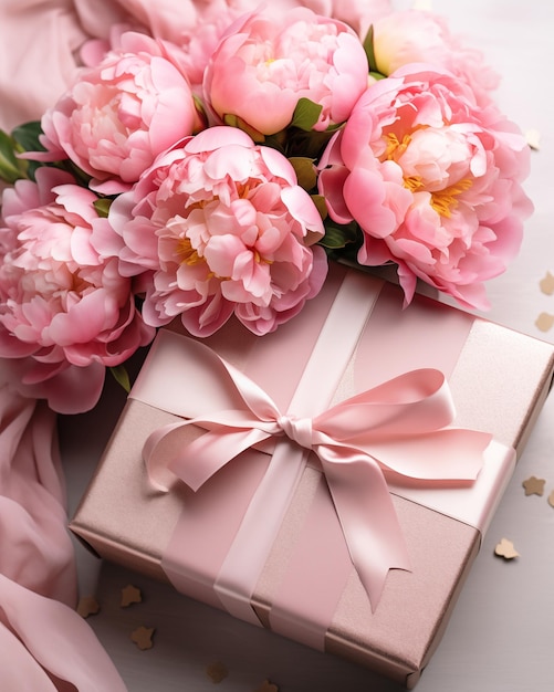 Bouquet of pink peonies and gift box