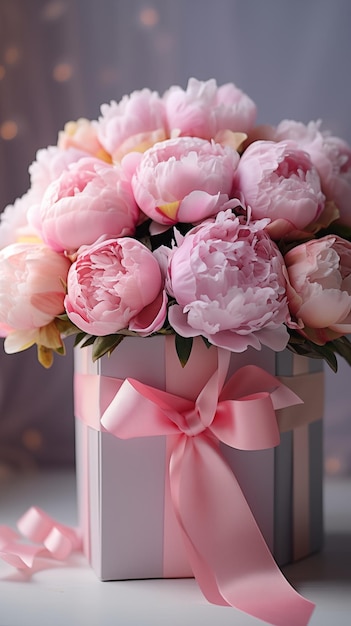 Bouquet of pink peonies and gift box