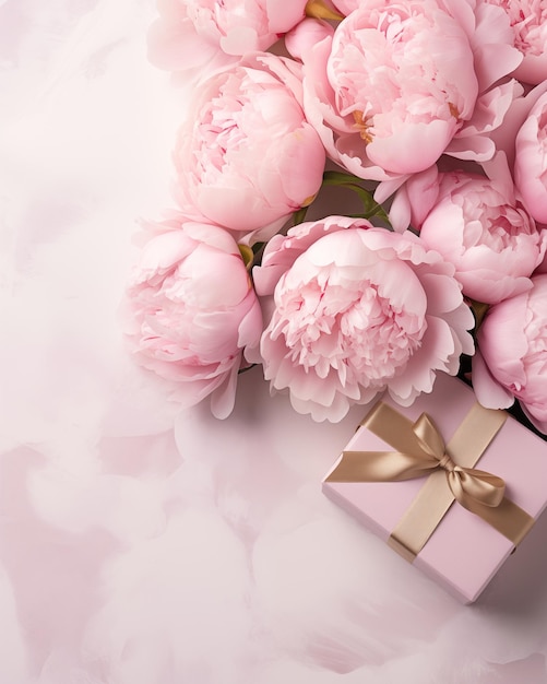 Bouquet of pink peonies and gift box