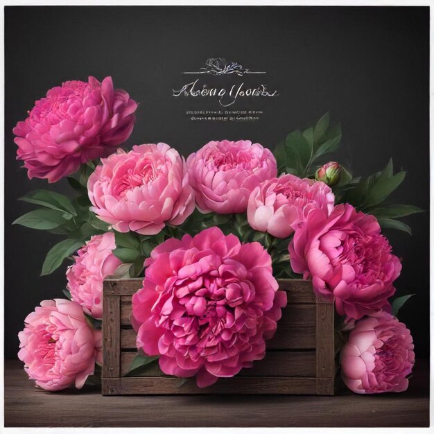 Photo a bouquet of pink peonies with a black background with the words  the name  on it