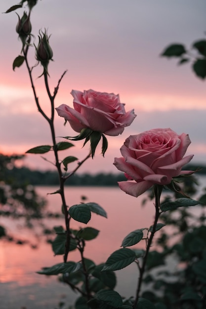 A bouquet of pink roses in front of a cloudy sky