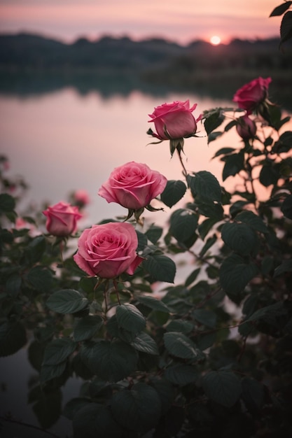 A bouquet of pink roses in front of a cloudy sky