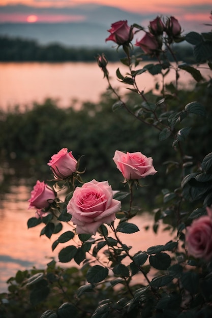 A bouquet of pink roses in front of a cloudy sky