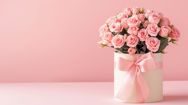 Bouquet of pink roses in gift box on pink background