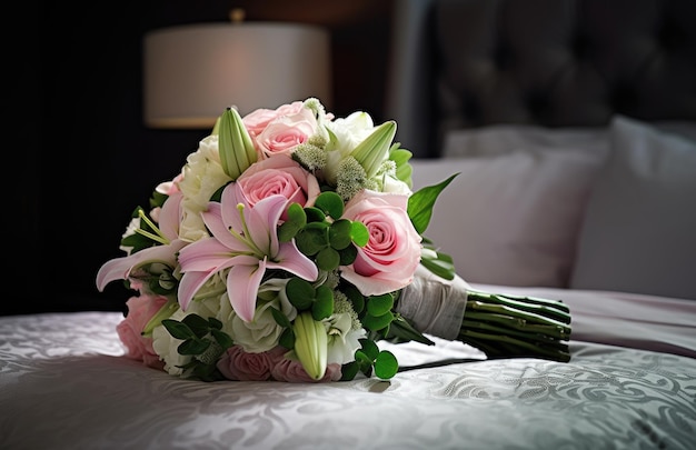 A bouquet of pink roses sits on a bed with a white pillow.